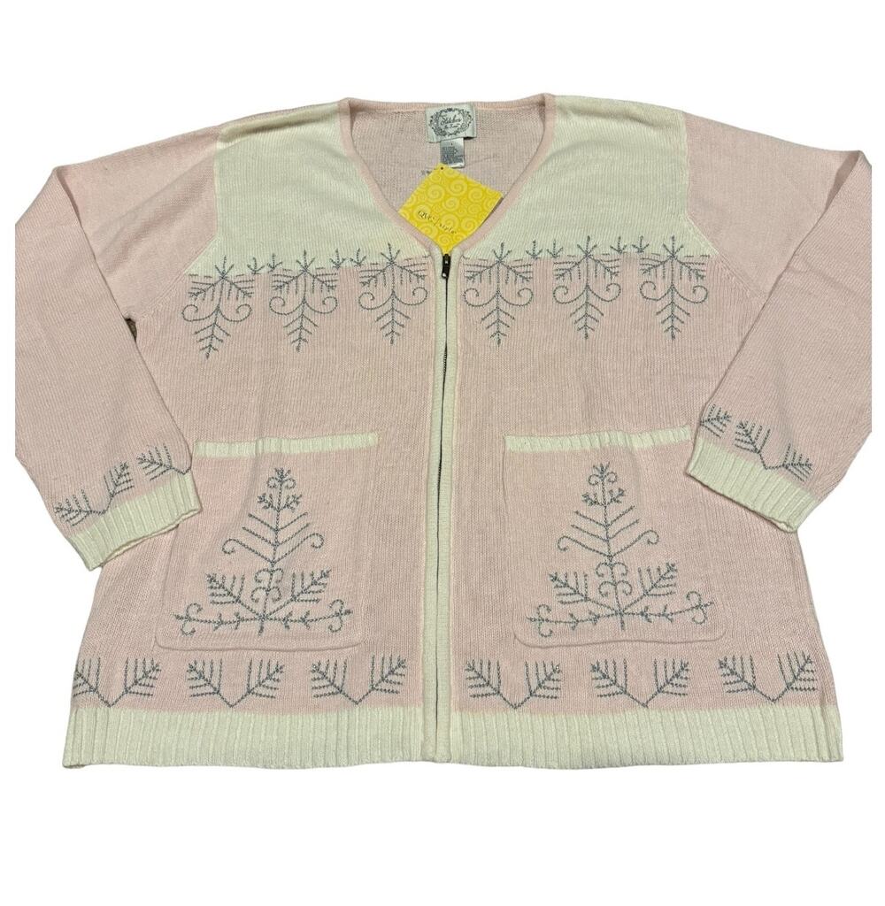 NWT Stiches In Time Pink, white, zipper Cardigan w snowflakes & gems size Large
